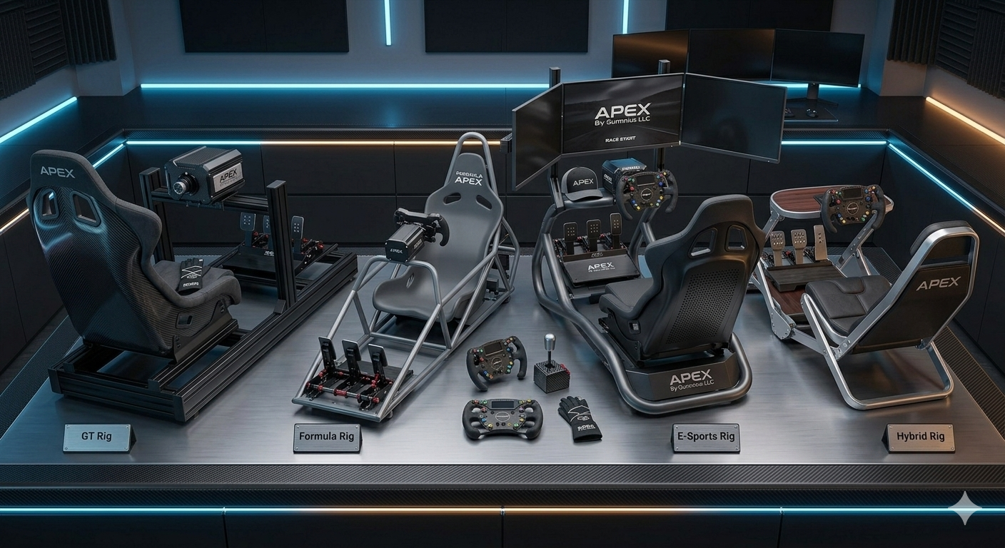Apex Sim Racing GT, Formula, E-Sports, and Hybrid cockpit concepts displayed in a studio