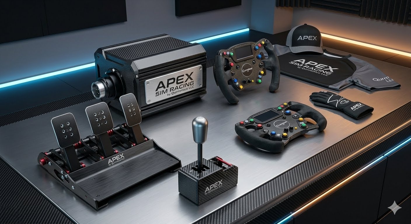Apex Sim Racing wheelbase, swappable steering rims, load-cell pedals, shifter, apparel, and gloves arranged on a carbon-fiber workbench
