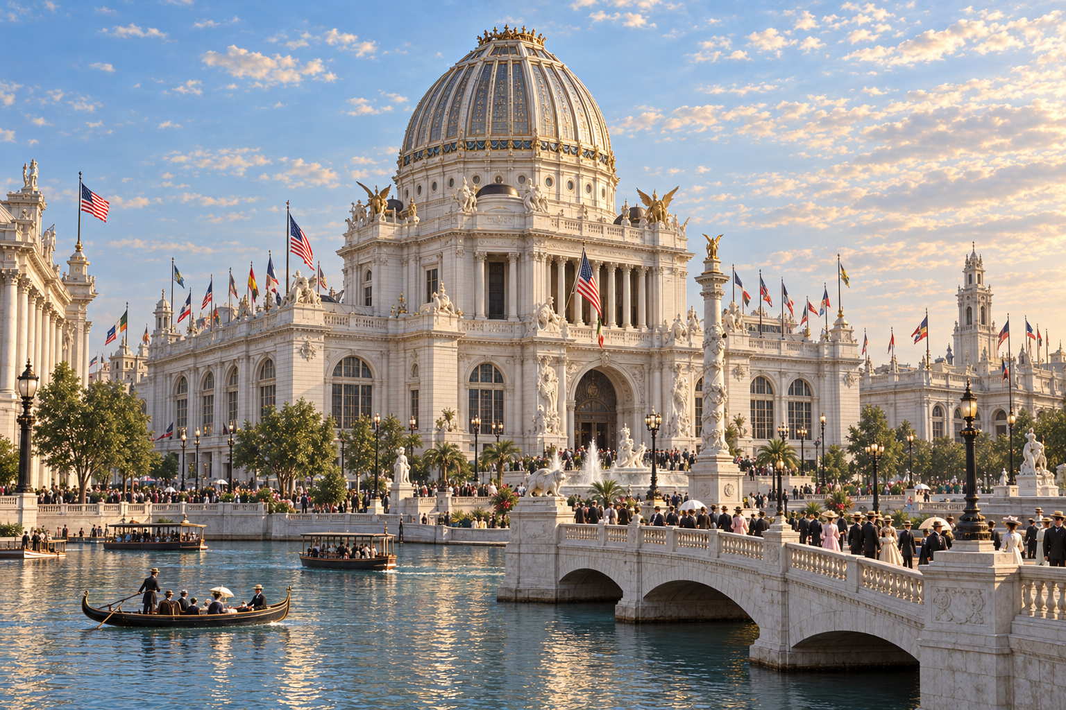 Photorealistic interpretive reconstruction of the 1893 World's Columbian Exposition Administration Building beside the fair canal